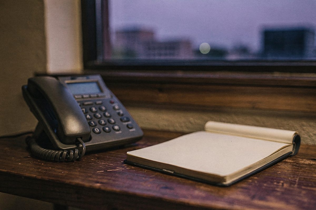 A phone and notebook on the studio table near the window