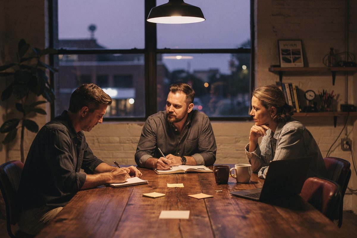 Two consultants and a client talking at a wooden table during a strategy session